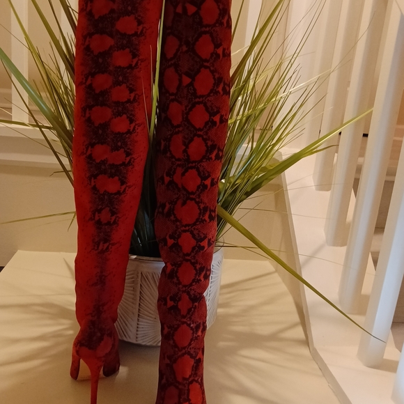 Fashion Nova Red Snake Print Over the Knee Boots - Picture 6 of 8